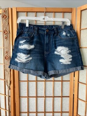 Arizona Size 9 Dark Blue Distressed Roll-Hem High Waist Denim Shorts